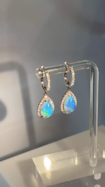 Opal and Diamond Drop Dangle Hoop Earrings 14K White Gold