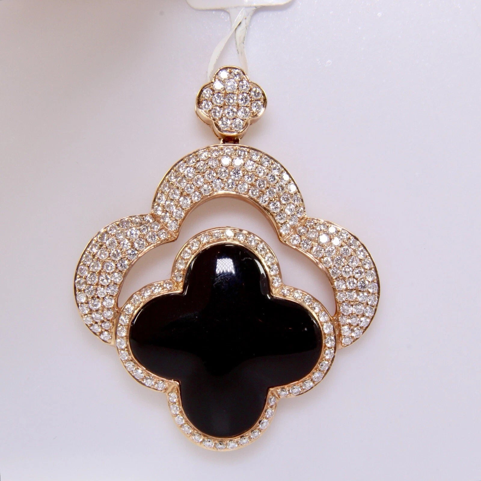 Large Estate 18k Rose Gold 1.31 ct Natural Diamond Black Onyx Clover Pendant