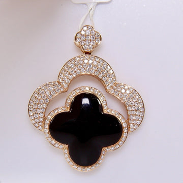 Large Estate 18k Rose Gold 1.31 ct Natural Diamond Black Onyx Clover Pendant