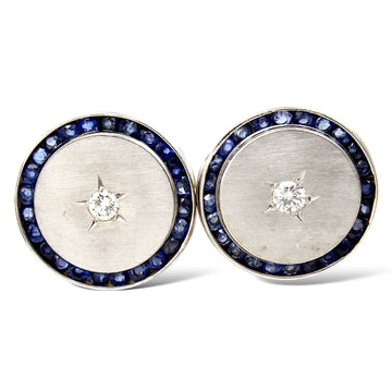 Estate Lucien Piccard 14K White Gold Natural Diamond and Sapphire Cufflinks