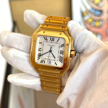 Cartier Santos Large 18k Yellow Gold Silver Dial 39mm BOX CARD LEATHER STRAP