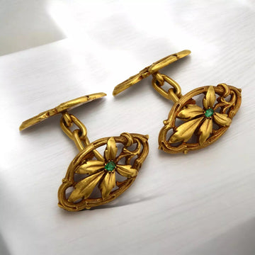 Antique French Art Nouveau Floral Natural Green Stone Cufflinks 18K Yellow Gold
