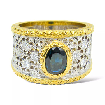 Italian Blue Sapphire and Diamonds 18K Yellow Gold and White Gold Ring Two Tone