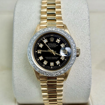 Rolex Lady-Datejust 26mm President Black Diamond Dial Bezel 18K Yellow Gold