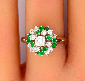 Estate 14K White Gold 0.40 ct Natural Green Emerald Diamond Stone Ring Size 6.5