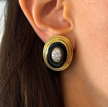 DAVID WEBB Black Onyx and 0.70 CT Diamond Clip On Earrings Dome 18K Yellow Gold