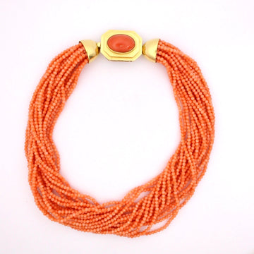 Estate 18k Yellow Gold Italy Coral Pink Beaded Ladies Heavy Clasp Necklace 18 in