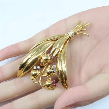Estate RARE Vintage French 18k Yellow Gold Ruby Diamond Flowers Bouquet Brooch