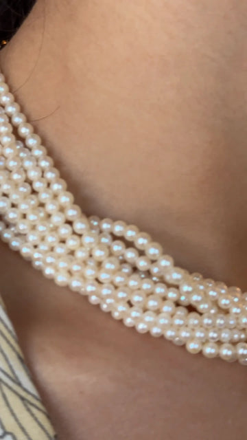 Multi-Strand Seed Pearl Choker Diamond Necklace 15 Inches 18K Yellow Gold