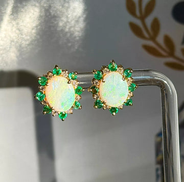 Opal Emerald Diamond 14k Yellow Gold Handmade Stud Earrings