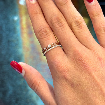 Chain Link Diamond Double Ring 0.32 CT Bezel Center & Pavé Band 14K Rose Gold