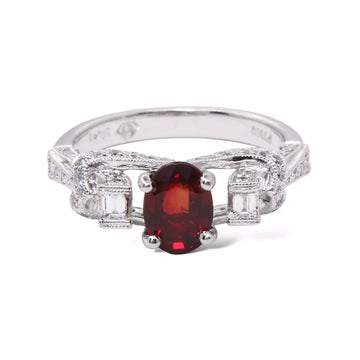 Garnet Diamond Ring 0.50 CT Platinum 900 Ring Size 6