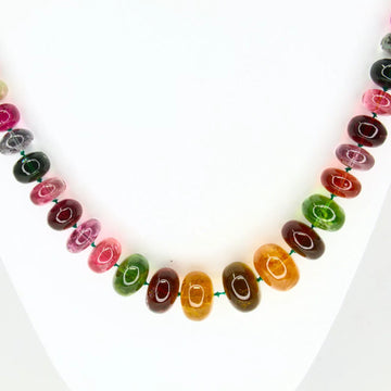 Multi Color Tourmaline Beaded Long Necklace 14K Yellow Gold Clasp 28 Inch