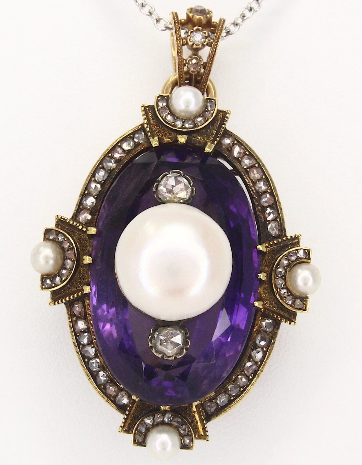 Natural Pearl Amethyst Diamonds Victorian Pendant Pin 18K Yellow Gold