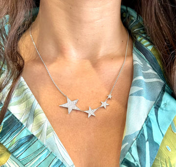 Estate Natural Diamond 1.40 CT Stars Pendant Necklace 18K White Gold 18" inches