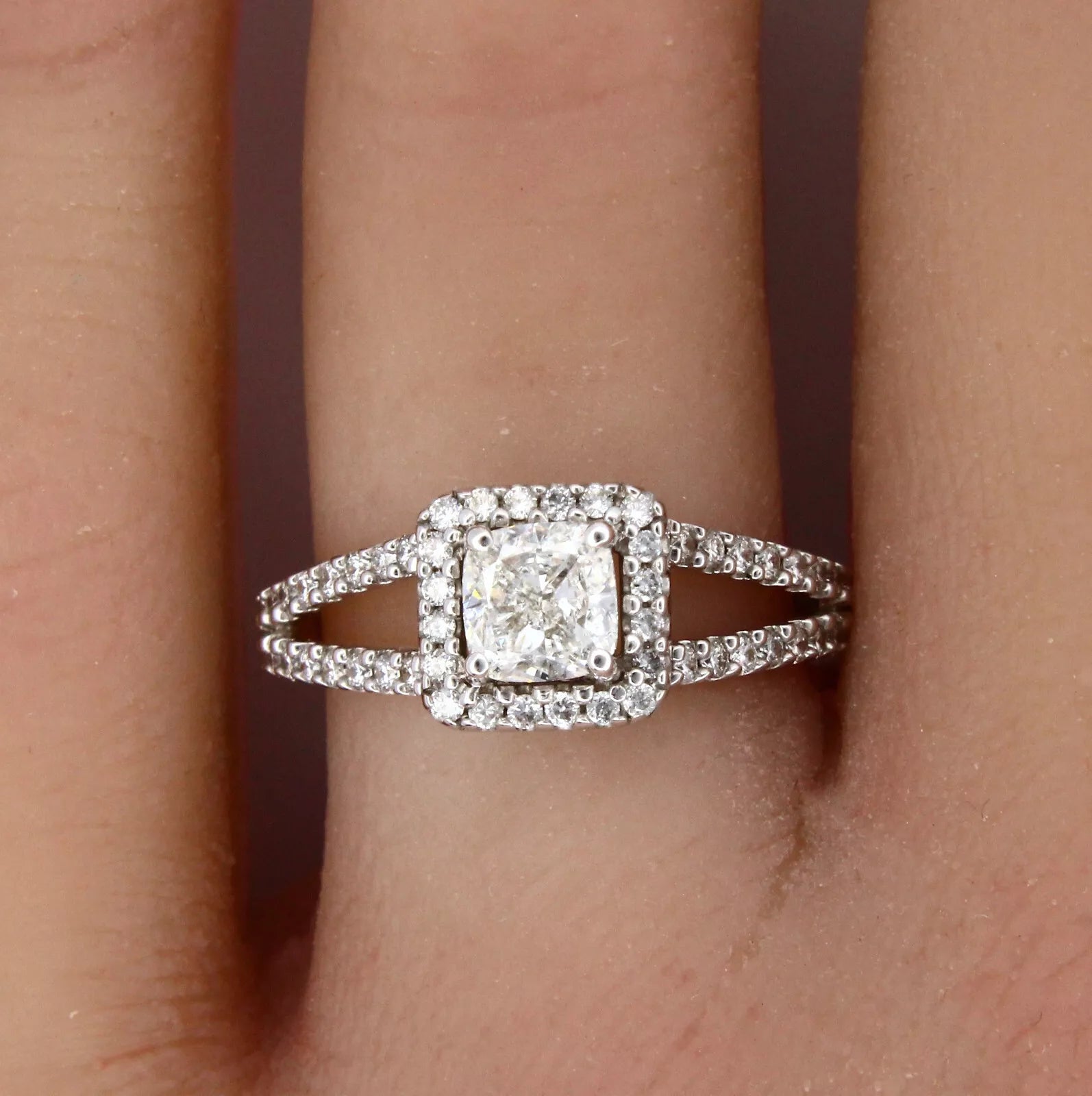1.30 CTW Cushion Cut Natural Diamond Engagement 14K White Gold Halo Ring