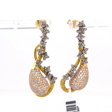 Fancy Yellow Pink Diamond Dangle Tear Drop Flower Earrings 18K Rose Gold