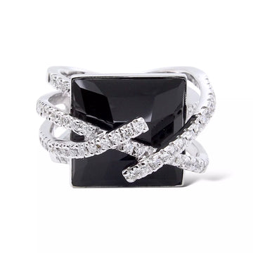Black Onyx Natural Diamond Crossover Swirly Ring 18K White Gold Size 7