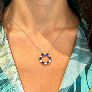 Estate 2 CT Blue Sapphire and Natural Diamond 0.80 CT Necklace 18K White Gold