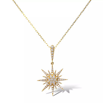 Diamond Starburst Pendant Necklace 0.64 ct Celestial Design 18K Yellow Gold