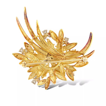 French 1950s Diamond Floral Brooch 1.10 ct 18K Yellow Gold Patina Signed