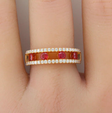 Ruby and Two Row Diamond 14K Rose Gold Band Natural Ring Size 7 Modern