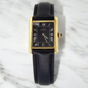 Cartier Must De Tank Manual Winding 23mm x 30mm Black Dial Leather Strap 1980s