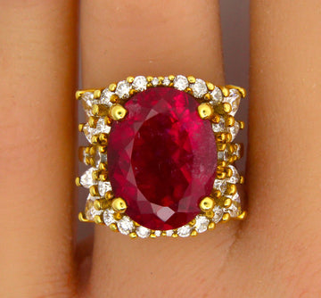GIA 8.0 CT Red Tourmaline Rubelite 18K Yellow Gold Natural Diamond 4.60 CT Ring