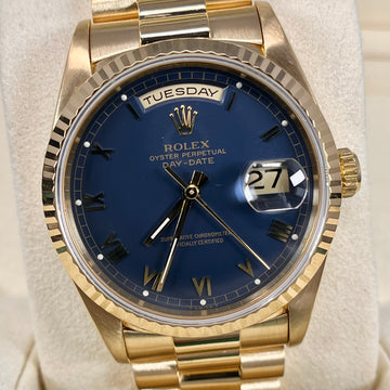 Rolex Day-Date 36 mm President Blue Dial 18k Yellow Gold 18238 Roman Numerals Fluted Bezel Watch