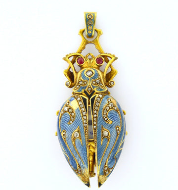 Antique Victorian Scarab Enamel Watch Lapel 18K Yellow Gold Diamond Ruby