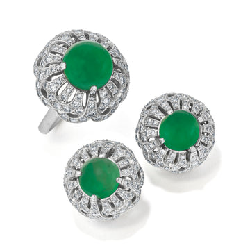 Antique Jade Jewelry Set – Platinum & Diamond Floral Ring and Earring