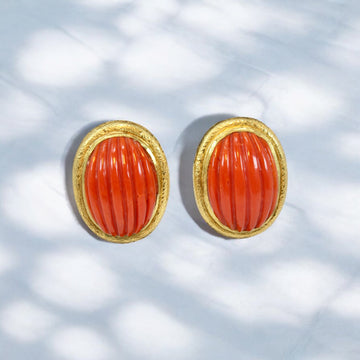 Estate Vintage 18k Yellow Gold Sardinian Ox Blood Coral Earrings