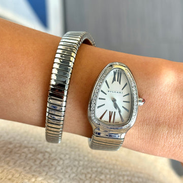 Bulgari Serpenti Tubogas 35mm Quartz Silver Dial Diamond Bezel Original Box