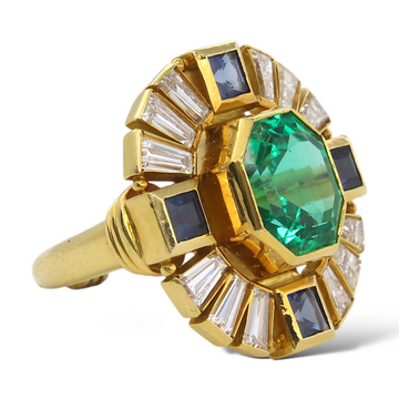 Elizabeth Gage Green Emerald 5 CT Colombian Ring AGL Diamond Blue Sapphire 18K