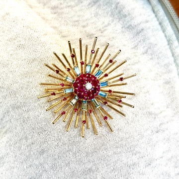 Vintage Retro Brooch Aquamarine, Ruby and Diamond 14K Rose Gold
