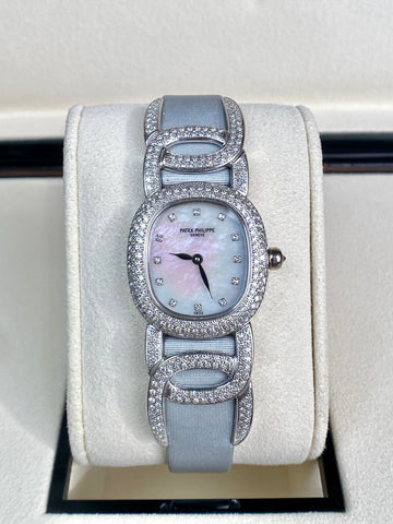 Patek Philippe Golden Ellipse Mother of Pearl Diamond 18k White Gold Leather Band Ladies Watch