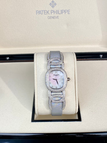 Patek Philippe Golden Ellipse Mother of Pearl Diamond 18k White Gold Leather Band Ladies Watch