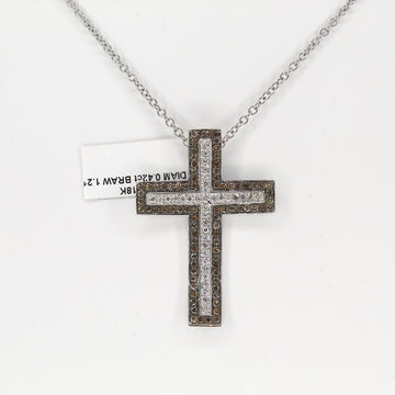 Cross Natural White & Brown Cognac Pavè Diamond Religious Pendant 18K White Gold