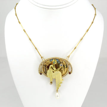 Art Nouveau Revival Enamel Diamond Pearl Necklace Pin 18K Yellow Gold 18 Inch