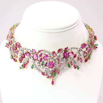CHANTECLER CAPRI Pink Sapphires Emeralds and Diamond 18K White Gold Necklace