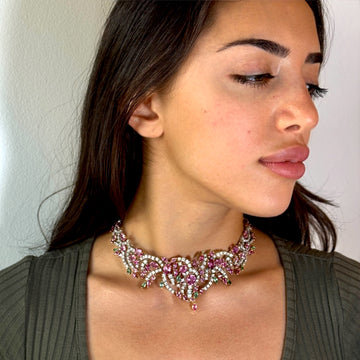 CHANTECLER CAPRI Pink Sapphires Emeralds and Diamond 18K White Gold Necklace