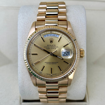 Rolex Day-Date 36 36mm President Champagne Dial 18K Gold Fluted Bezel Quickset