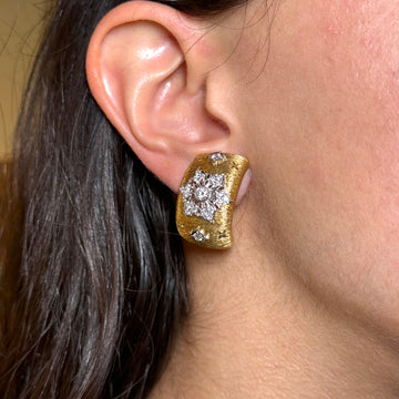 Italian Florentine Filigree Openwork Textured Brushed Earrings 18K Yellow Gold