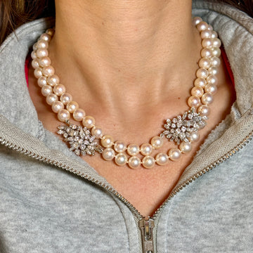 Set of 2 Cultured Pearl Natural Diamond Necklaces Platinum 18 Inch