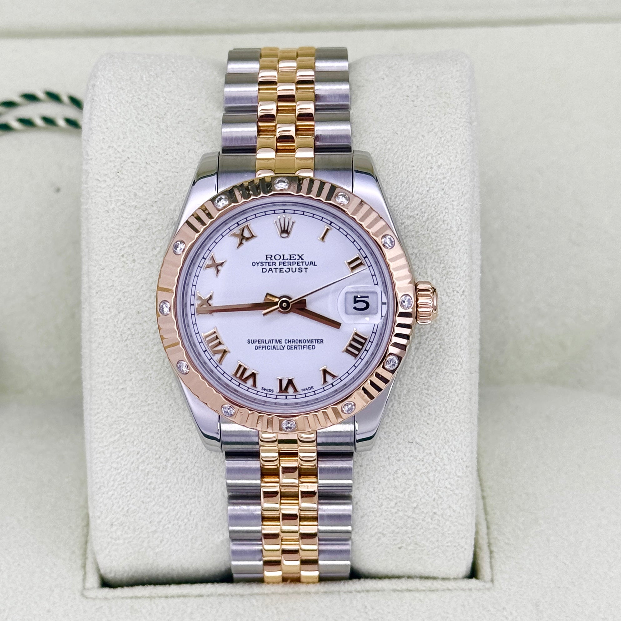 Rolex Datejust 31 BOX PAPERS Midsize Factory Diamond Bezel Jubilee White Roman