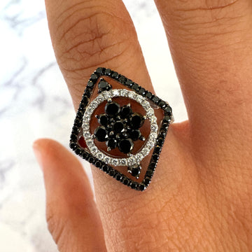 Black & White Diamond Geometric Cocktail Ring 1.30 CT 18K White Gold Size 6.5