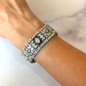Antique Art Deco Euro Cut 15 CT Diamond Green Emerald Bracelet Platinum 7 Inch