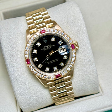 Rolex Lady-Datejust 26 Factory-Set Diamond Black Dial Custom Ruby Diamond Bezel