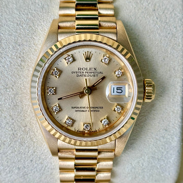 Rolex Lady-Datejust 26mm President Original Diamond Dial 18K Gold Fluted Bezel