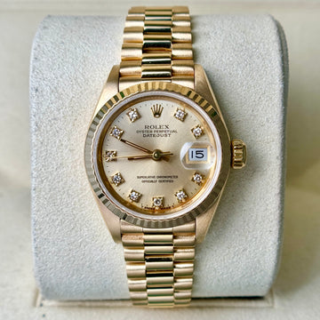 Rolex Lady-Datejust 26mm President Original Diamond Dial 18K Gold Fluted Bezel
